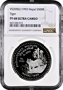 Непал 500 рупий BS 2050 (1993 г.), NGC PF68 UC, "Вымирающие виды - Тигр"