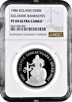 Исландия 500 крон 1986 г., NGC PF69 UC, "100 лет банкнотам Исландии"