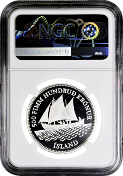 Исландия 500 крон 1986 г., NGC PF69 UC, "100 лет банкнотам Исландии"