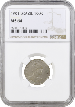 Бразилия 100 рейсов 1901 г., NGC MS64, "Первая Республика (1889 - 1942)"