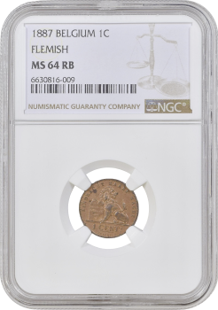 Бельгия 1 сантим 1887 г. DER, NGC MS64 RB, "Король Леопольд II (1865 - 1909)" KM# 32.2 ТОНКАЯ