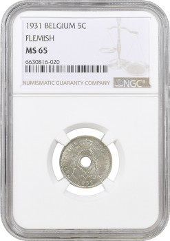 Бельгия 5 сантимов 1931 г. Flemish, NGC MS65, "Король Альберт I (1910 - 1934)" /со звездой/ Top Pop