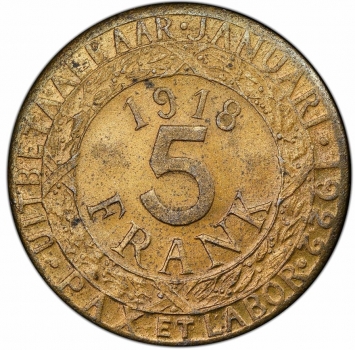 Бельгия 5 франков 1918 г., PCGS MS63, "Германская оккупация города Гент (1915 - 1918)"