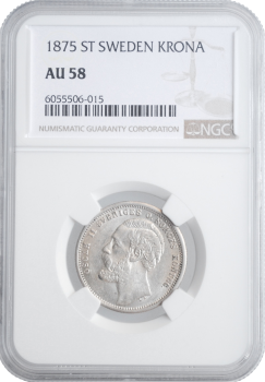 Швеция 1 крона 1875 г. ST, NGC AU58, "Король Оскар II (1873 - 1907)"