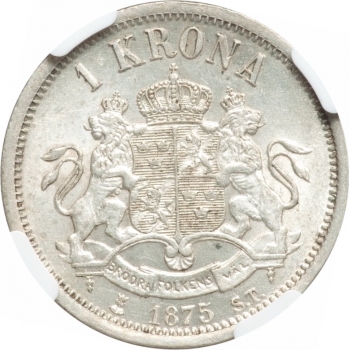 Швеция 1 крона 1875 г. ST, NGC AU58, "Король Оскар II (1873 - 1907)"