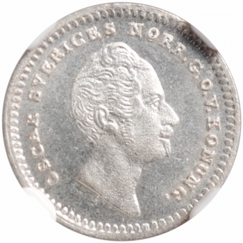 Швеция 1/32 риксдалера 1852 г. AG, NGC MS65, "Король Оскар I (1844 - 1859)"