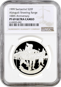 Швейцария 20 франков 1999 г., NGC PF69 UC, "Стрелковый фестиваль в Альбисгютли" Top Pop
