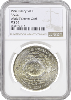 Турция 500 лир 1984 г., NGC MS69, "ФАО - Всемирная конференция по рыбному хозяйству" Top Pop