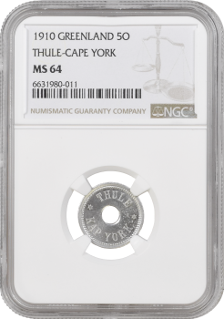 Гренландия 5 эре 1910 г., NGC MS64, "Торговая станция Туле Кап Йорк"