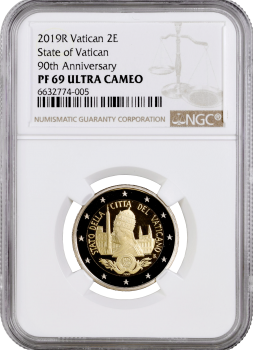 Ватикан 2 евро 2019 г., NGC PF69 UC, "90 лет со дня основания города‑государства Ватикан"