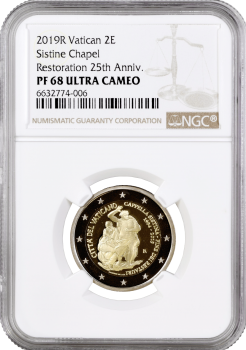 Ватикан 2 евро 2019 г., NGC PF69 UC, "25 лет завершению реставрации Сикстинской капеллы"