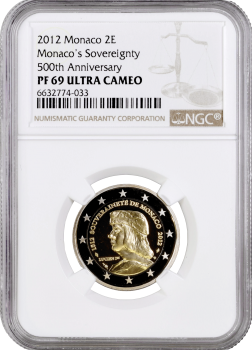 Монако 2 евро 2012 г., NGC PR69 UC, "500 лет признания независимости Монако" Top Pop
