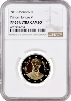 Монако 2 евро 2019 г., NGC PF69 UC, "200 лет вступления на престол Оноре V" Top Pop