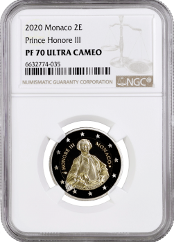 Монако 2 евро 2020 г., NGC PF70 UC, "300 лет со дня рождения Оноре III" Top Pop