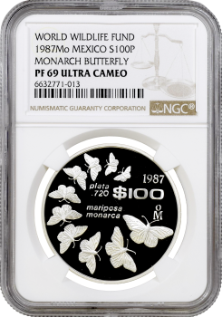 Мексика 100 песо 1987 г., NGC PF69 UC, "Всемирный фонд дикой природы - Данаида монарх"
