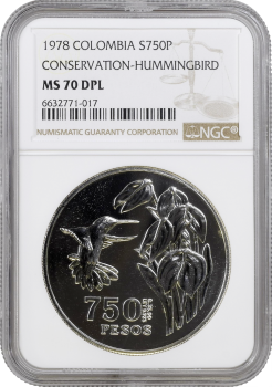 Колумбия 750 песо 1978 г., NGC MS70 DPL, "100 лет со дня смерти Томаса Чиприано де Мос" Top Pop