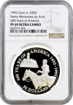 Острова Кука 50 долларов 1992 г., NGC PF69 UC, "Педро Менендес де Авилес" Top Pop