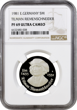 ГДР 5 марок 1981 г., NGC PF69 UC, "450 лет со дня смерти Тильмана Рименшнайдера" Top Pop