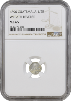 Гватемала 1/4 реала 1896 г., NGC MS65, "Реал (1838 - 1912)" Wreath Reverse