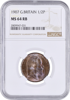 Великобритания 1/2 пенни 1907 г., NGC MS64 RB, "Король Эдуард VII (1902 - 1910)"