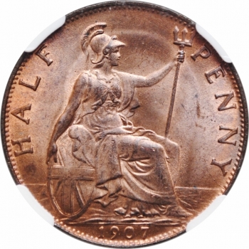 Великобритания 1/2 пенни 1907 г., NGC MS64 RB, "Король Эдуард VII (1902 - 1910)"