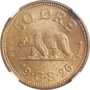 Гренландия 50 эре 1926 г., NGC MS65, "Крона (1926 - 1964)"
