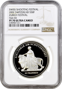 Швейцария 50 франков 2002 г., NGC PF70 UC, "Стрелковый фестиваль в Цюрихе"