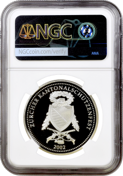 Швейцария 50 франков 2002 г., NGC PF70 UC, "Стрелковый фестиваль в Цюрихе"