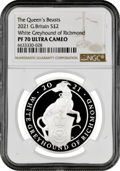 Великобритания 2 фунта 2021 г., NGC PF70 UC, "Звери Королевы - Белая Борзая Ричмонда" Top Pop