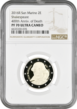 Сан-Марино 2 евро 2016 г., NGC PF70 UC, "400 лет со дня смерти Уильяма Шекспира" Top Pop
