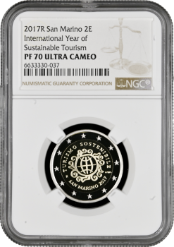 Сан-Марино 2 евро 2017 г., NGC PF70 UC, "Международный год развития туризма" Top Pop