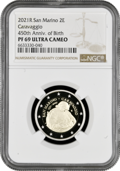 Сан-Марино 2 евро 2021 г., NGC PF69 UC, "450 лет со дня рождения Караваджо" Top Pop
