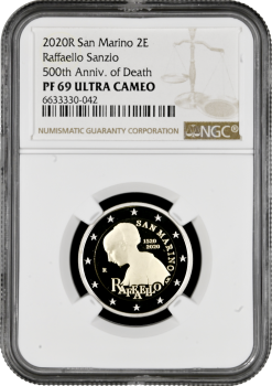Сан-Марино 2 евро 2020 г., NGC PF69 UC, "500 лет со дня смерти Рафаэля" Top Pop