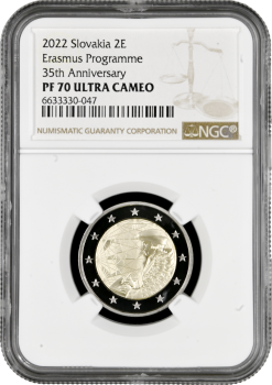 Словакия 2 евро 2022 г., NGC PF70 UC, "35 лет программе Эразмус" Top Pop