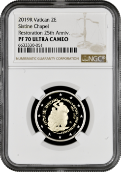 Ватикан 2 евро 2019 г., NGC PF70 UC, "25 лет завершению реставрации Сикстинской капеллы"