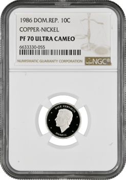 Доминикана 10 сентаво 1986 г., NGC PF70 UC, "Доминиканская Республика (1937 - 2020)" Top Pop