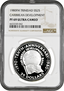 Тринидад и Тобаго 25 долларов 1980 г., NGC PF69 UC, "10 лет Карибскому банку развития" Top Pop