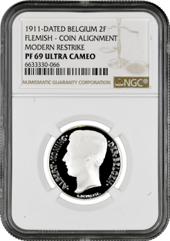 Бельгия 2 франка 1911 г. FL, NGC PF69 UC RESTRIKE, "Король Альберт I (1910 - 1934)" Top Pop