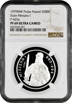 Польша 200 злотых 1979 г., NGC PF69 UC PROBA, "Князь Мешко I" Top Pop