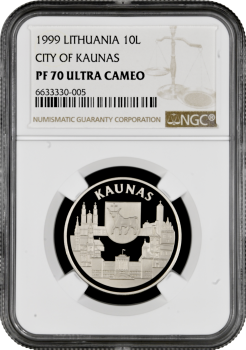 Литва 10 лит 1999 г., NGC PF70 UC, "Каунас" Top Pop
