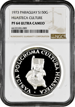 Парагвай 150 гуарани 1973 г., NGC PF64 UC, "Культуры Мезоамерики - Уастека"