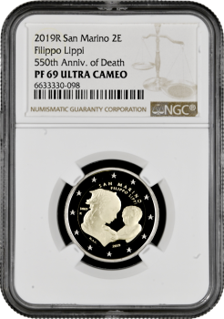 Сан-Марино 2 евро 2019 г., NGC PF69 UC, "550 лет со дня смерти Филиппо Липпи" Top Pop
