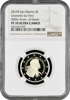Сан-Марино 2 евро 2019 г., NGC PF70 UC, "500 лет со дня смерти Леонардо да Винчи" Top Pop