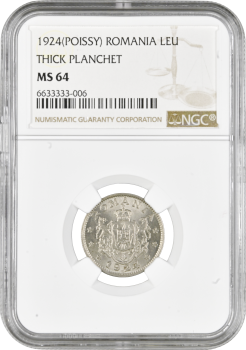 Румыния 1 лей 1924 г., NGC MS64, "Король Фердинанд I (1914 - 1927)" Молния