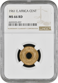 Британская Восточная Африка 1 цент 1961 г., NGC MS66 RD, "Королева Елизавета II (1953 - 1967)"