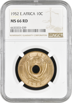 Британская Восточная Африка 10 центов 1952 г., NGC MS66 RD, "Король Георг VI (1937 - 1952)"