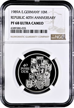 ГДР 10 марок 1989 г., NGC PF68 UC, "40 лет образования ГДР"