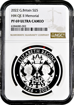 Великобритания 5 фунтов 2022 г., NGC PF69 UC, "Жизнь и наследие Королевы Елизаветы II"