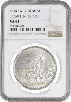 Швейцария 5 франков 1874 г., NGC MS64, "Стрелковый фестиваль в Санкт-Галлене"