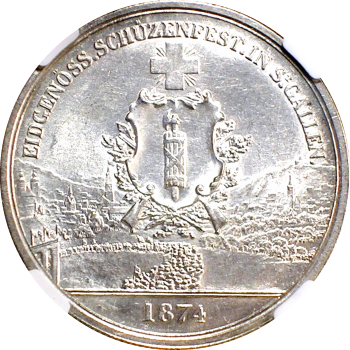 Швейцария 5 франков 1874 г., NGC MS64, "Стрелковый фестиваль в Санкт-Галлене"